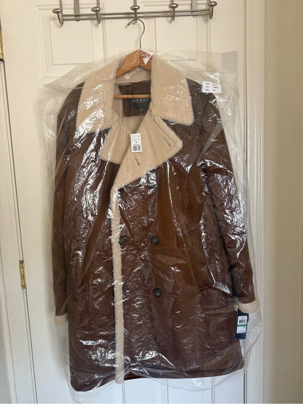 GUESS Brown Shearling-Trim Double-Breasted Pea Coat